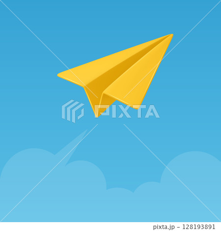 Realistic Yellow Paper Airplane Flying in Blue Sky Background. Conceptual Flight Illustration. Vector Artwork. Creative Aviation Design. Sky Scene with Paper Plane. Vector Illustration 128193891