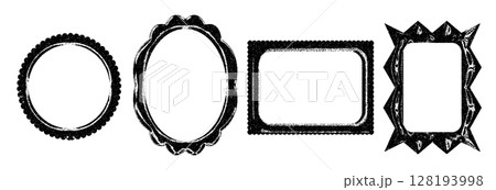 Grunge textured black frames of varying shapes with empty centers. Grunge textured black frames of varying shapes with empty centers. 128193998