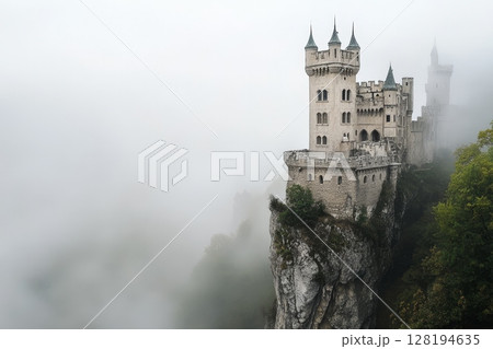 Elegant castle rising above misty cliffs, surrounded by ethereal fog 128194635