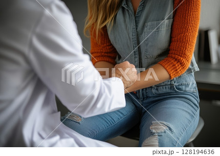 Healthcare professional gently holds patient's arm during medical checkup Healthcare professional gently holds patient's arm during medical checkup 128194636