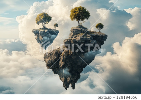 Awe-inspiring scene of massive floating rock islands with trees, suspended in a cloudy sky, embodying a fantastical realm Awe-inspiring scene of massive floating rock islands with trees, suspended in a cloudy sky, embodying a fantastical realm 128194656