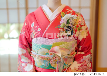 Woman wearing a vibrant red kimono with colorful floral patterns and holding flowers 128194694