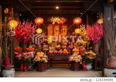 Vibrant display of lanterns, flowers and fruits for Chinese New Year celebration Vibrant display of lanterns, flowers and fruits for Chinese New Year celebration 128194699