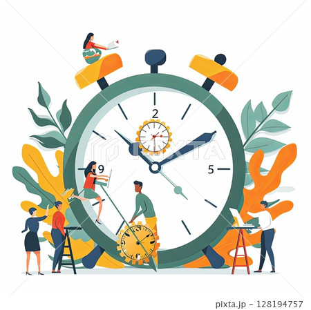 This illustration depicts a vibrant scene with people working around a large clock, symbolizing time management and the importance of productivity in achieving goals This illustration depicts a vibrant scene with people working around a large clock, symbolizing time management and the importance of productivity in achieving goals 128194757