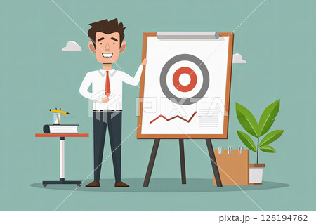 A presenter stands beside a flip chart, presenting a growth chart and target illustration, complemented by nearby office items and a potted plant 128194762