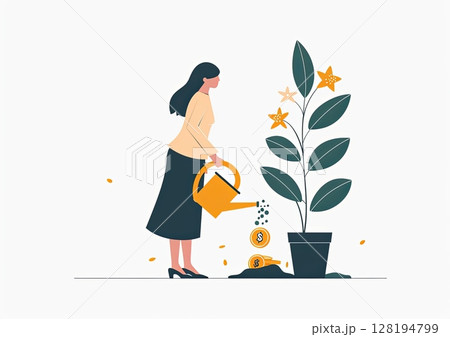 A woman nurturing her investment by watering it with money, symbolizing growth and financial planning for a flourishing future 128194799