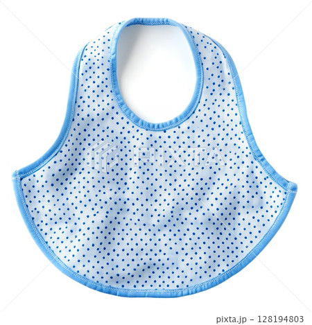 A light blue baby bib with a white polka dot pattern is shown against a white background A light blue baby bib with a white polka dot pattern is shown against a white background 128194803
