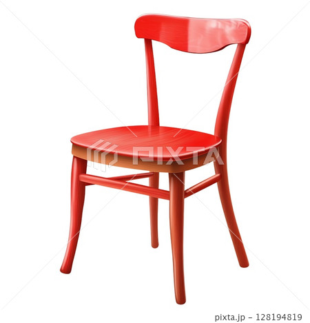 A bright red wooden chair with a simple design is isolated on a white background 128194819