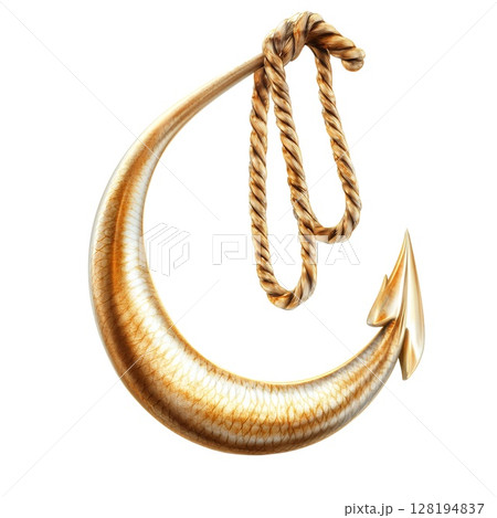 A golden fish hook with rope, intricately detailed, isolated on white background 128194837