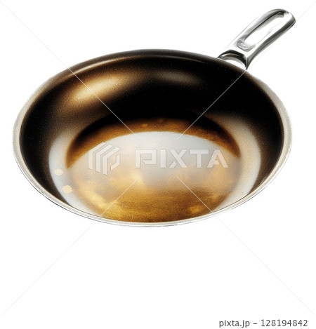 Empty gold-toned frying pan with a metallic handle, isolated on white background 128194842