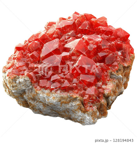 A stunning cluster of vibrant red crystals embedded in a rough, earthy matrix, showcasing the raw beauty of nature's mineral formations 128194843