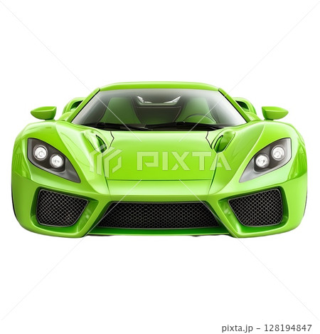 Front view of a vibrant green sports car, showcasing its sleek design and aerodynamic features Front view of a vibrant green sports car, showcasing its sleek design and aerodynamic features 128194847