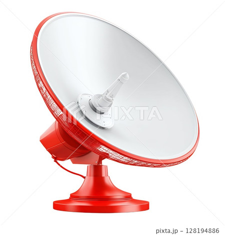A modern red satellite dish isolated on white background, ready for communication and signal reception 128194886
