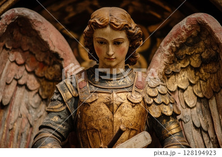 Close-up of an antique angel statue with intricate armor, wings, and a serene expression, showcasing detailed craftsmanship and religious artistry 128194923