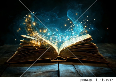 Open book emanating ethereal blue and golden light, set on a wooden surface, symbolizing the fusion of knowledge and magical potential 128194947