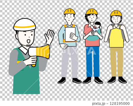 Illustration of disaster prevention officers and local residents conducting evacuation drills 128195000