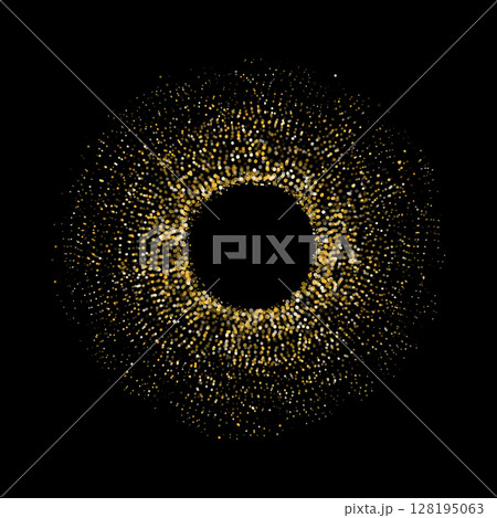 Circular burst of golden and white shimmering dots on a black background 128195063