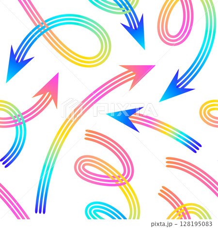 Pattern of colorful gradient arrows with curved and ribbon like forms pointing in various directions 128195083