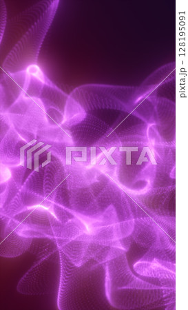 Flowing digital purple particles form a dynamic, mist-like mesh structure over a dark abstract background, evoking futuristic energy fields 128195091
