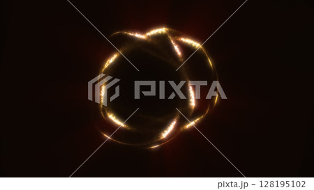 Glowing golden particle structure in flower-like shape with radiant energy beams and deep shadows 128195102