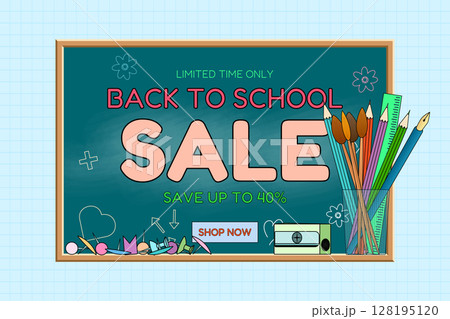 Back to school sale banner with chalkboard, school supplies and promotional text. Cartoon style discount advertisement on graph background. For seasonal promotion, online store, or marketing material. Back to school sale banner with chalkboard, school supplies and promotional text. Cartoon style discount advertisement on graph background. For seasonal promotion, online store, or marketing material. 128195120