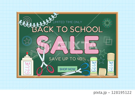 Back to school sale chalkboard banner with scissors, glue, paper garland and decorative chalk doodles. Cartoon promotion design on graph background. For seasonal shopping advertisement, or marketing. Back to school sale chalkboard banner with scissors, glue, paper garland and decorative chalk doodles. Cartoon promotion design on graph background. For seasonal shopping advertisement, or marketing. 128195122