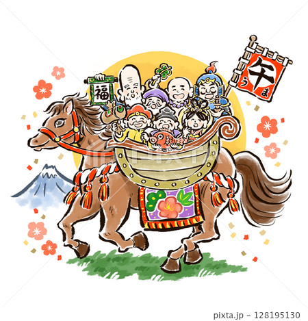 干支の午（馬）に乗った七福神の手描きイラスト 背景あり 年号なしの