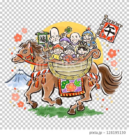 干支の午(馬)に乗った七福神の手描きイラスト 背景あり 年号なし 干支の午(馬)に乗った七福神の手描きイラスト 背景あり 年号なし 128195130