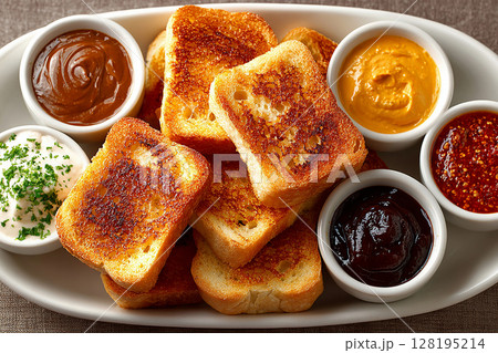 Natural light. American buffet breakfast. Hotel Breakfast Styles. Top view of a tray of pieces of toasted bread on a plate and assorted spreads in small bowls on a white background. 128195214