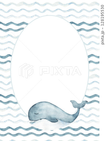 Watercolor oval frame with cute smiling blue Whale swimming on sea, ocean waves. Circular marine card template in retro style. Hand drawn illustration. Perfect for cards, posters, party invitations or 128195530