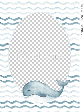 Watercolor oval frame with cute smiling blue Whale swimming on sea, ocean waves. Circular marine card template in retro style. Hand drawn illustration. Perfect for cards, posters, party invitations or 128195530