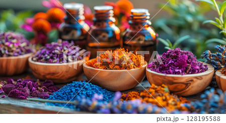 Assortment Of Colorful Spices And Dried Herbs In Wooden Bowls On Dark Stone Background: Aromatic Culinary Ingredients With Basil Leaves Cinnamon Sticks And Peppercorns Arranged For Cooking And Kitchen 128195588