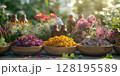 Assortment Of Colorful Spices And Dried Herbs In Wooden Bowls On Dark Stone Background: Aromatic Culinary Ingredients With Basil Leaves Cinnamon Sticks And Peppercorns Arranged For Cooking And Kitchen 128195589