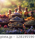Assortment Of Colorful Spices And Dried Herbs In Wooden Bowls On Dark Stone Background: Aromatic Culinary Ingredients With Basil Leaves Cinnamon Sticks And Peppercorns Arranged For Cooking And Kitchen 128195590
