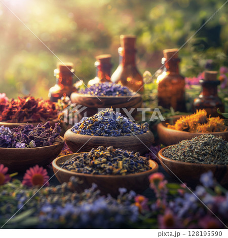 Assortment Of Colorful Spices And Dried Herbs In Wooden Bowls On Dark Stone Background: Aromatic Culinary Ingredients With Basil Leaves Cinnamon Sticks And Peppercorns Arranged For Cooking And Kitchen 128195590