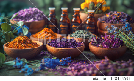 Assortment Of Colorful Spices And Dried Herbs In Wooden Bowls On Dark Stone Background: Aromatic Culinary Ingredients With Basil Leaves Cinnamon Sticks And Peppercorns Arranged For Cooking And Kitchen 128195591