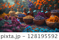 Assortment Of Colorful Spices And Dried Herbs In Wooden Bowls On Dark Stone Background: Aromatic Culinary Ingredients With Basil Leaves Cinnamon Sticks And Peppercorns Arranged For Cooking And Kitchen 128195592