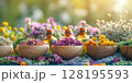 Assortment Of Colorful Spices And Dried Herbs In Wooden Bowls On Dark Stone Background: Aromatic Culinary Ingredients With Basil Leaves Cinnamon Sticks And Peppercorns Arranged For Cooking And Kitchen 128195593