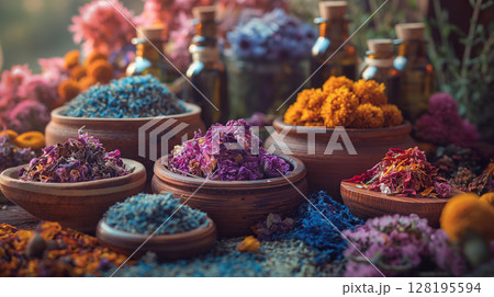 Assortment Of Colorful Spices And Dried Herbs In Wooden Bowls On Dark Stone Background: Aromatic Culinary Ingredients With Basil Leaves Cinnamon Sticks And Peppercorns Arranged For Cooking And Kitchen 128195594