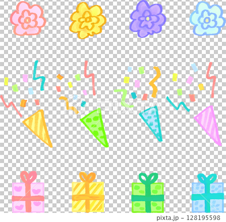 マーカー風手描きのカラフルなプレゼントとクラッカーと花のイラストセット 128195598