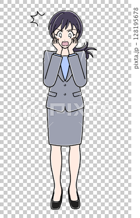An office lady in a suit standing with a surprised expression 128195678