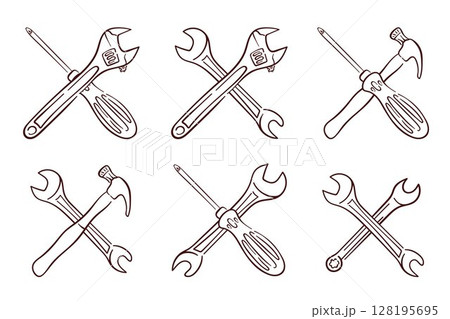Line art style icon set of crossed tool including wrench, screwdriver and hammer. Perfect for repair service, construction and engineering theme design in technical and industrial project. Line art style icon set of crossed tool including wrench, screwdriver and hammer. Perfect for repair service, construction and engineering theme design in technical and industrial project. 128195695