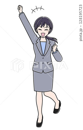 右手を挙げてはしゃぐスーツのOLさん 右手を挙げてはしゃぐスーツのOLさん 128195723