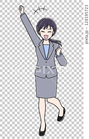 右手を挙げてはしゃぐスーツのOLさん 右手を挙げてはしゃぐスーツのOLさん 128195723