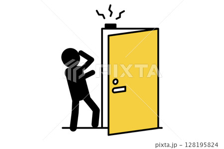 玄関ドアの警報が鳴って驚く不審者、防犯とホームセキュリティのアイコン 128195824