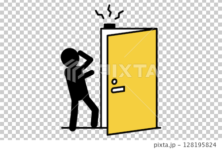 玄関ドアの警報が鳴って驚く不審者、防犯とホームセキュリティのアイコン 128195824