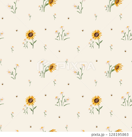 Seamless watercolor pattern with daisies, sunflowers, and bees. Hand-drawn floral and insect illustrations, perfect for children's textiles, nursery decor, and playful designs. Bright and cheerful. 128195863