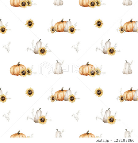 Seamless Pattern with Watercolor Illustration of White and Orange Pumpkins with Stem and climbing plants and Flowers. Hand Drawn Art for Autumn Decor and Harvest repeat print on isolated background. Seamless Pattern with Watercolor Illustration of White and Orange Pumpkins with Stem and climbing plants and Flowers. Hand Drawn Art for Autumn Decor and Harvest repeat print on isolated background. 128195866