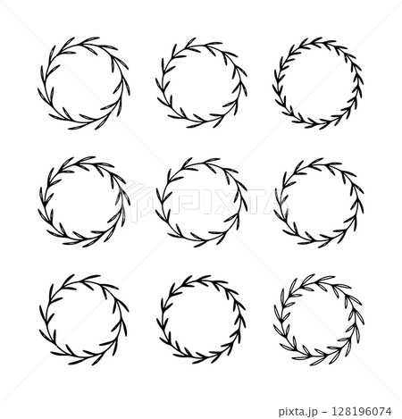 Floral Circle Frame. Symmetrical floral wreath with clean botanical lines, perfect for minimal logos, wedding stationery, and modern design. 128196074