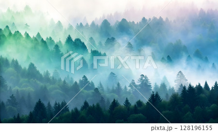 Misty ombre forest in the early morning light creates a serene atmosphere 128196155